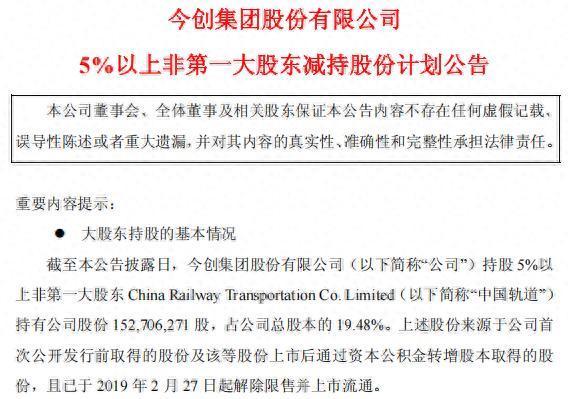 牛8速配 业绩高增长难挡股东减持，今创集团第二大股东中国轨道拟减持公司3%股权